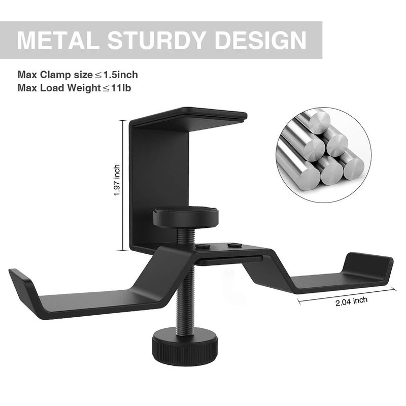 6amLifestyle Under Desk Dual Headphone Hanger, Metal Headset Stand Gaming Earphone Holder Universal Clamp on Desk Hanger Hook for All Headsets, Black (Patent) - Image 3